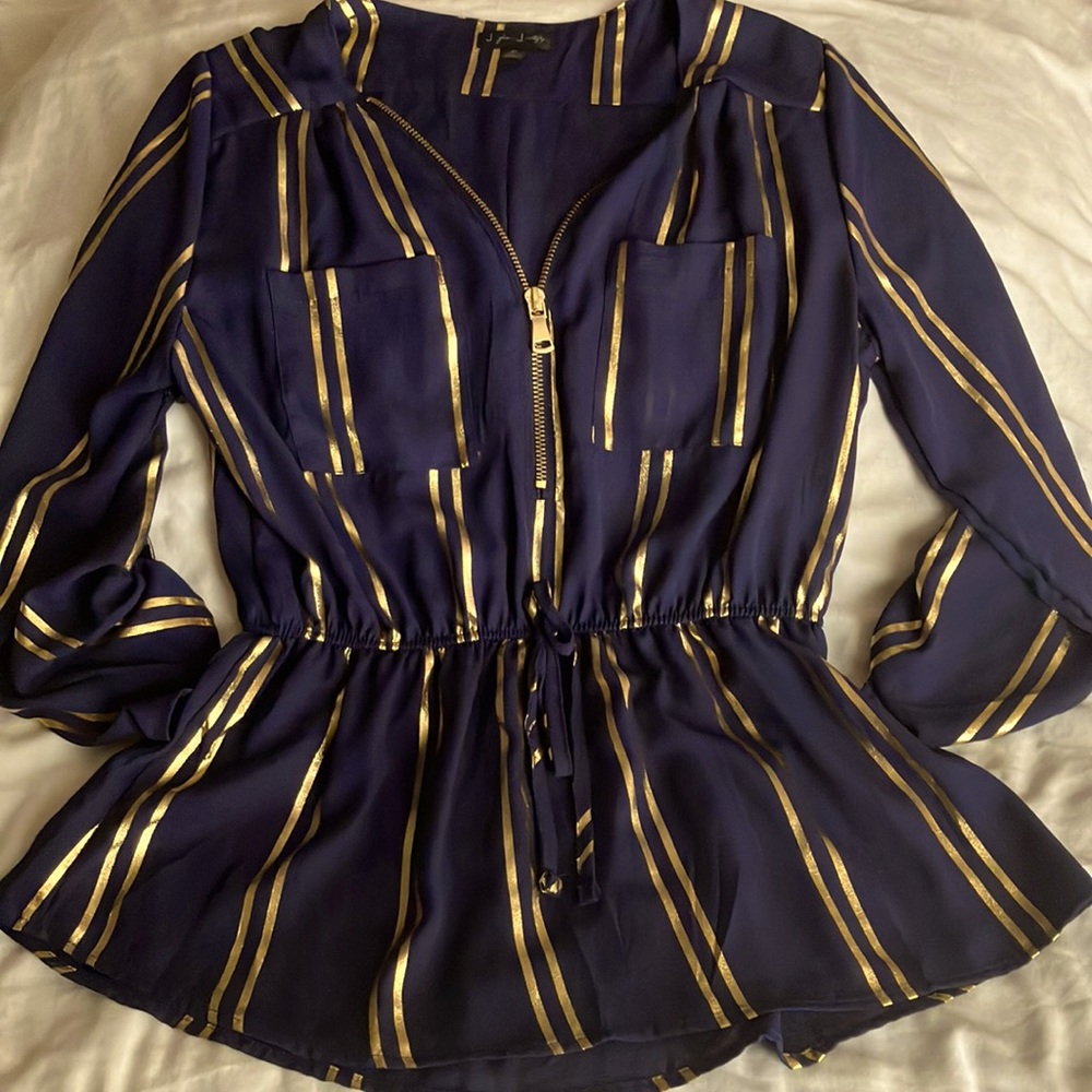 J for Justify Gold and Navy Blue Blouse with Zip front. Size M. As new.